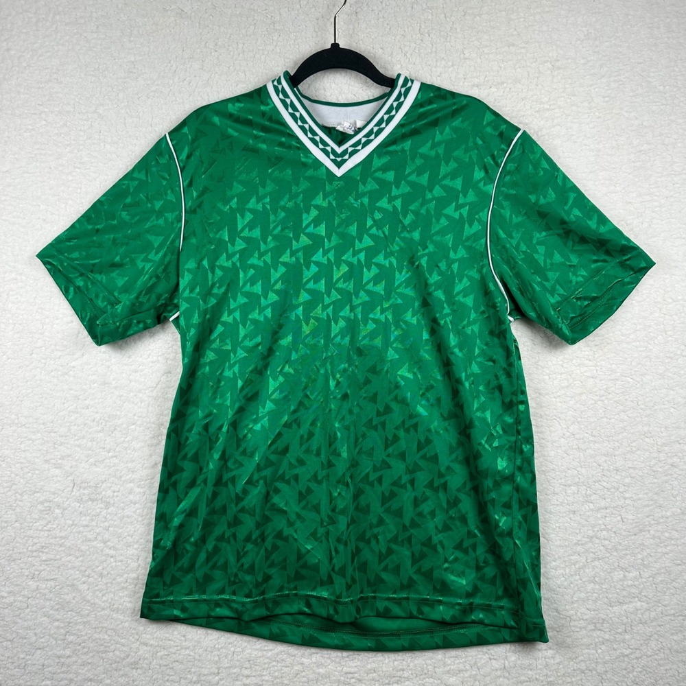 Vintage 90s High Five Sportswear Soccer Jersey Green Jacquard Made USA L Retro